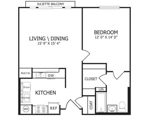 Floor plan for 1 bed, 1 bath, 709 sqft